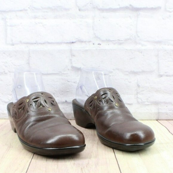 Clarks Bendables Brown Leather Slip On Mule Clogs Shoes Size 8.5 M - Picture 3 of 9